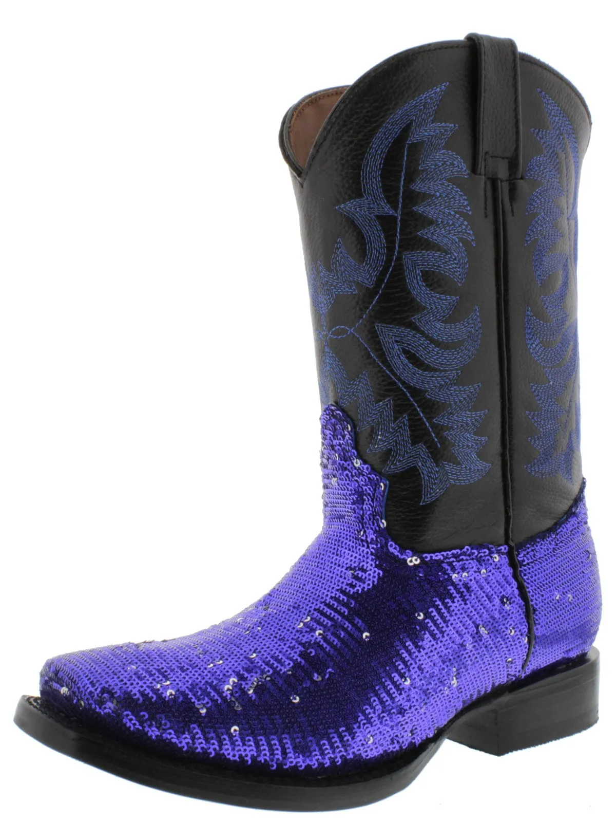 Women's Blue Sequins Western Rodeo Cowboy Boots Square Toe