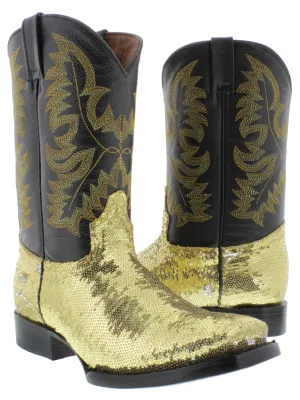 Womens Gold Sequins Leather Cowgirl Boots Square Toe - #800