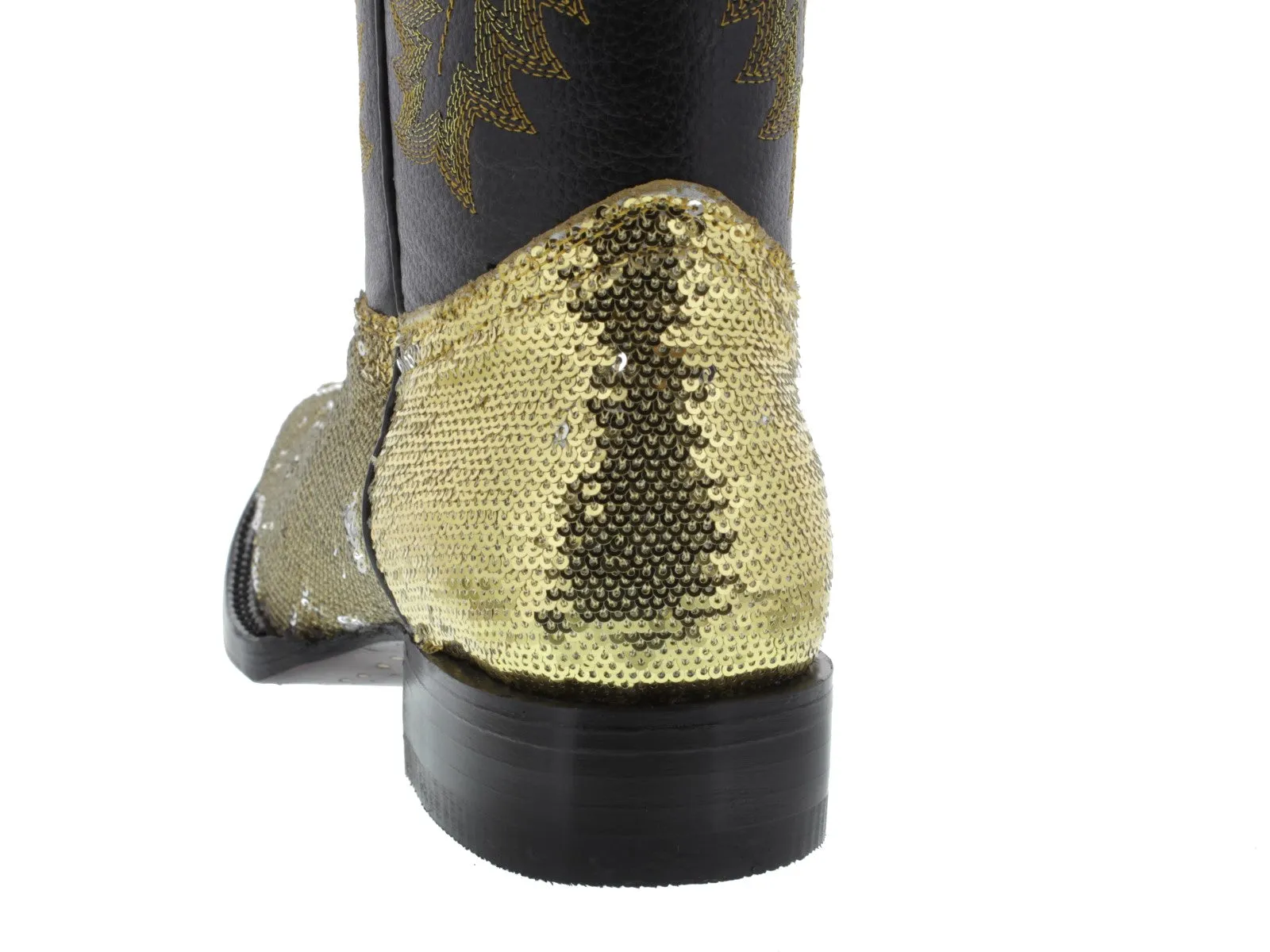 Womens Gold Sequins Leather Cowgirl Boots Square Toe - #800