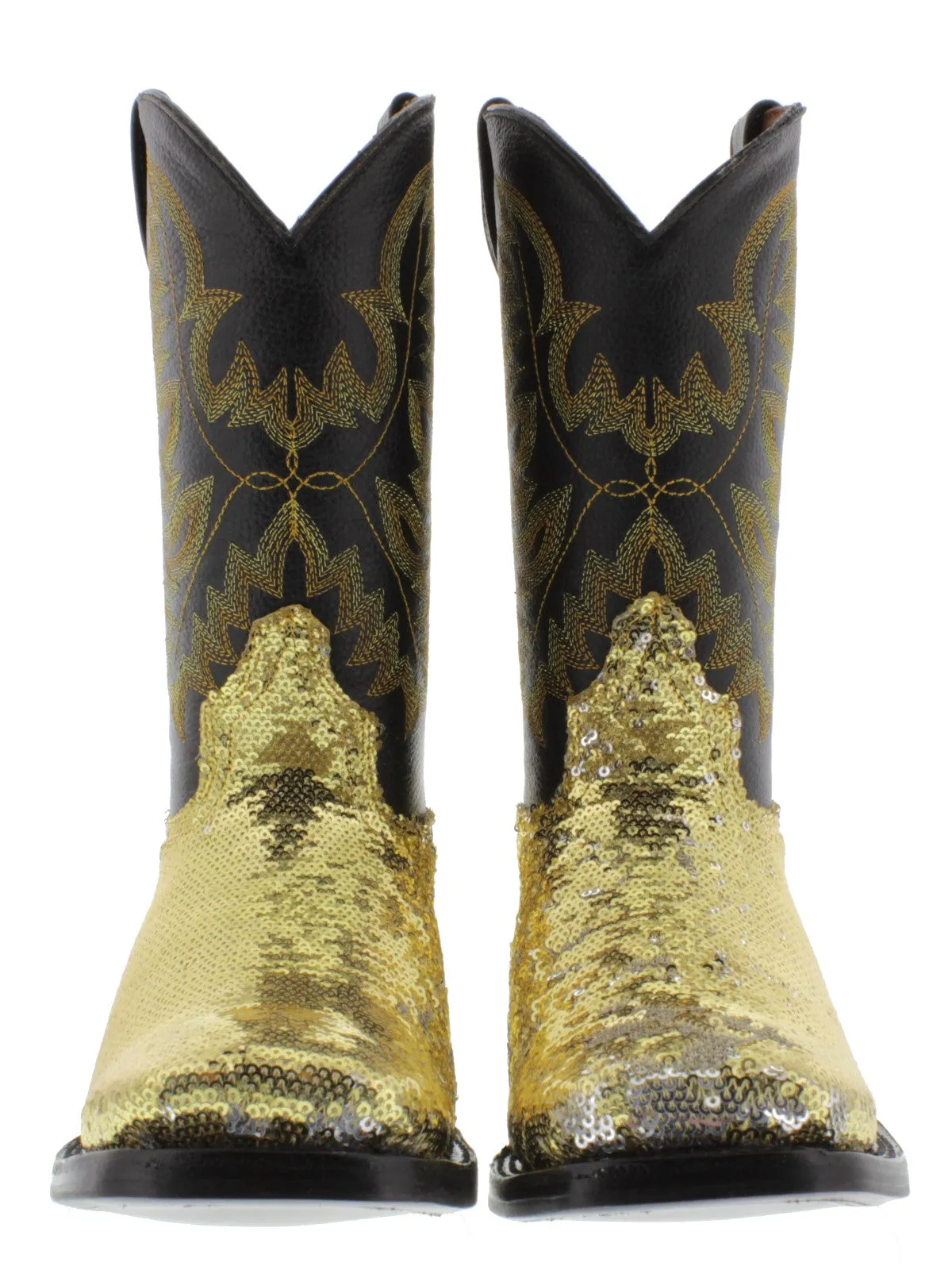 Womens Gold Sequins Leather Cowgirl Boots Square Toe - #800