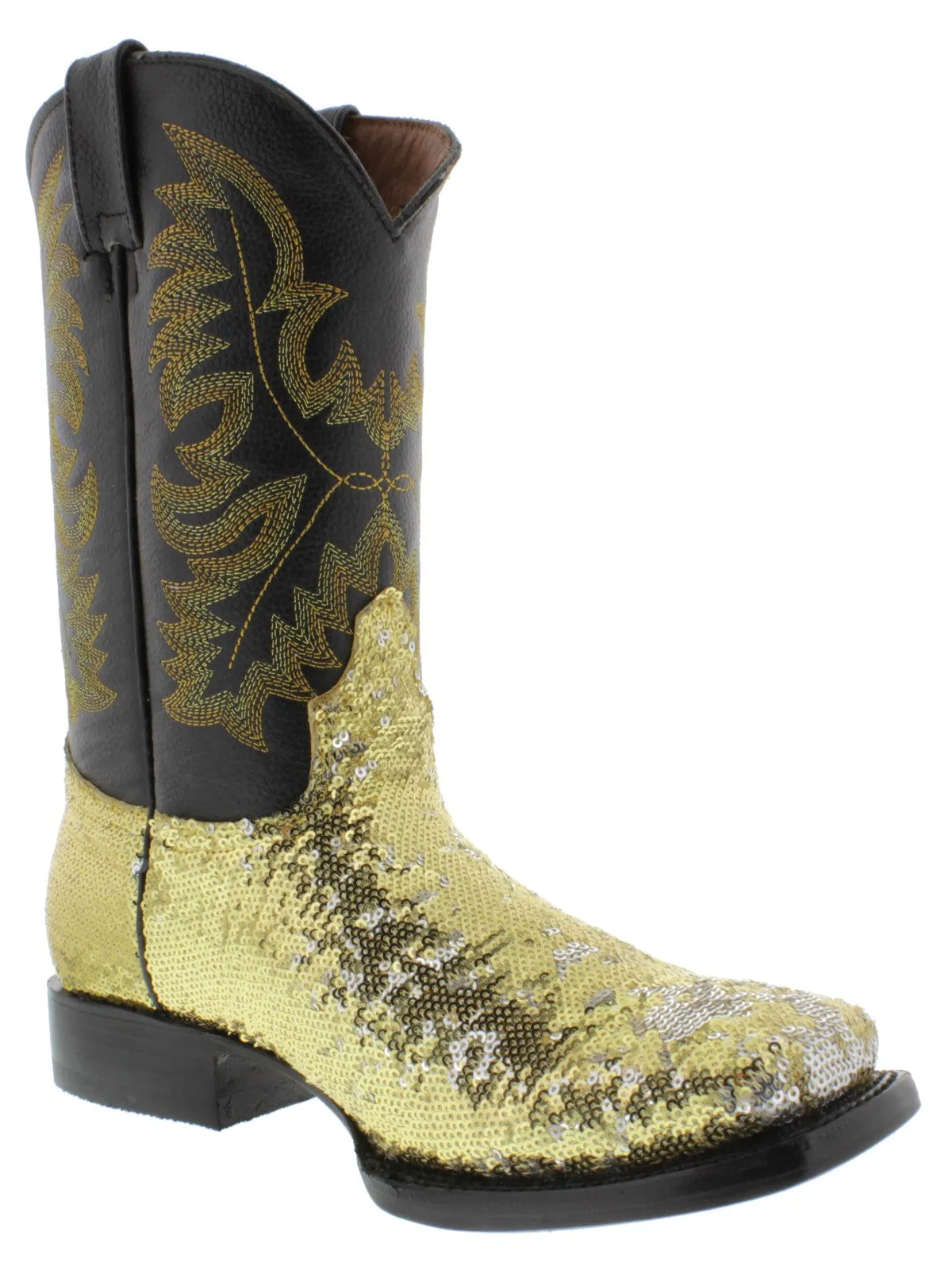 Womens Gold Sequins Leather Cowgirl Boots Square Toe - #800