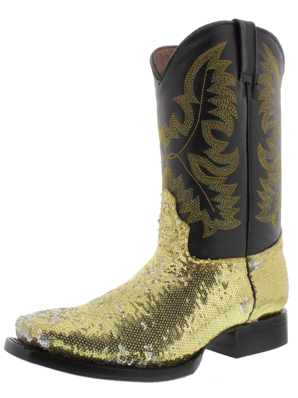 Womens Gold Sequins Leather Cowgirl Boots Square Toe - #800