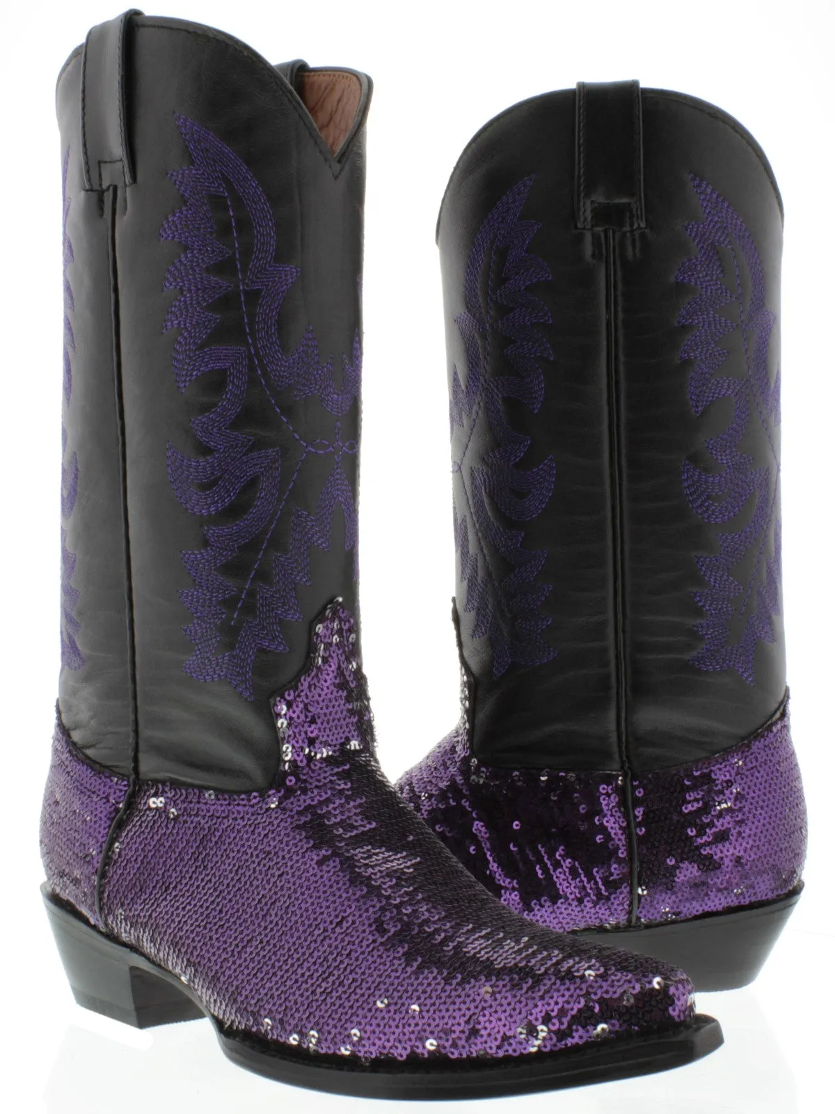 Women's Purple Sequins Western Rodeo Cowboy Boots Snip Toe