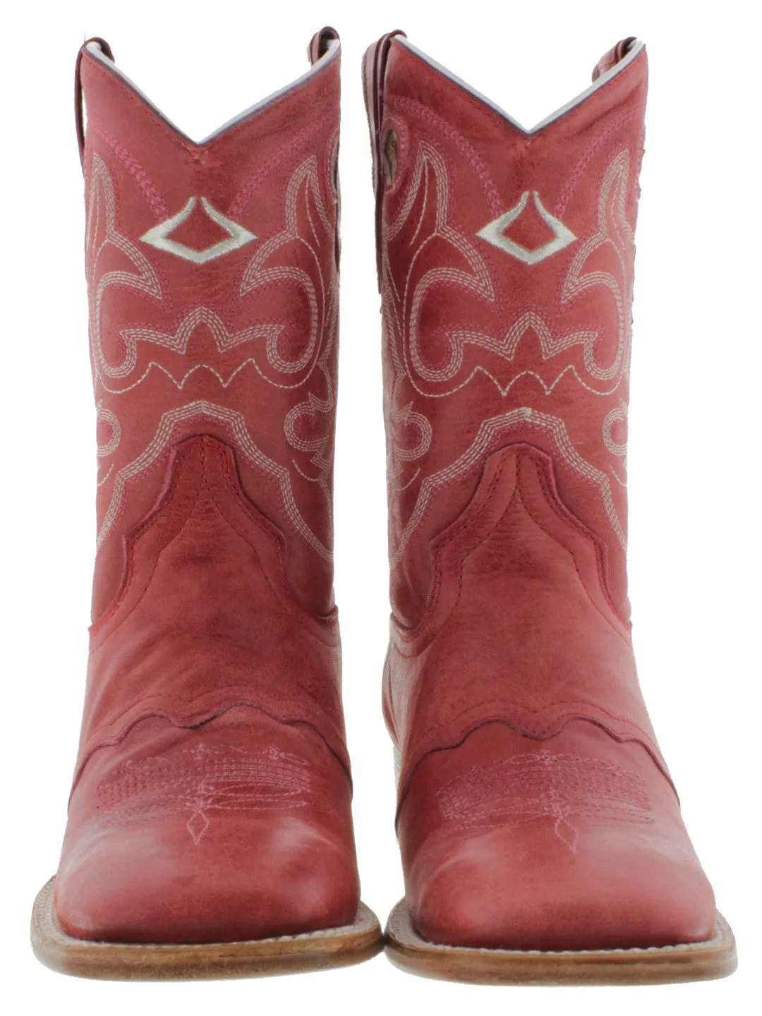 Women's Red Mid Calf Leather Pull On Cowboy Boots Square Toe - CP2