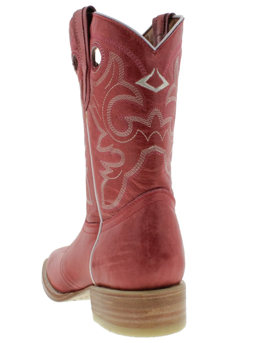 Women's Red Mid Calf Leather Pull On Cowboy Boots Square Toe - CP2