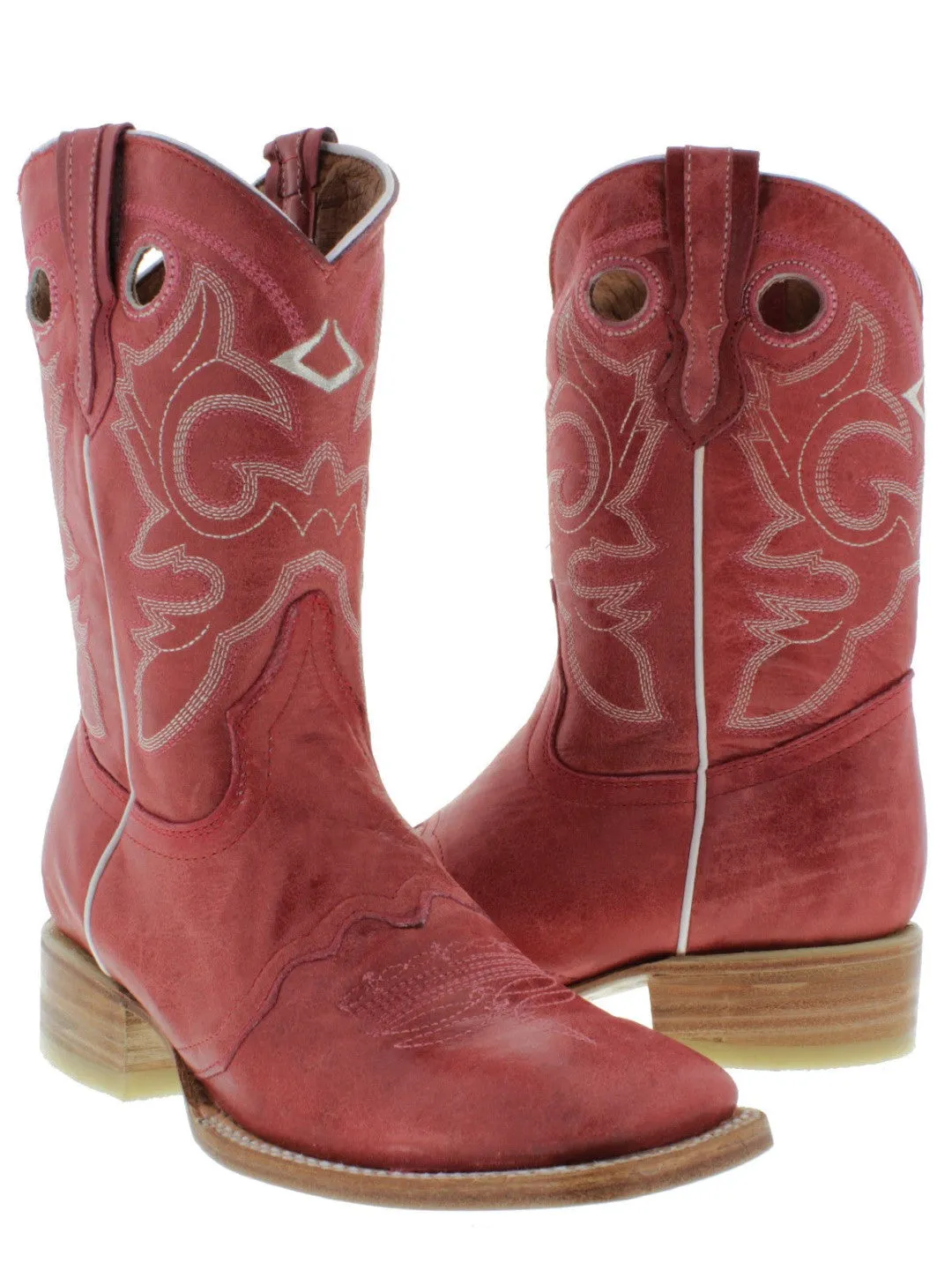 Women's Red Mid Calf Leather Pull On Cowboy Boots Square Toe - CP2