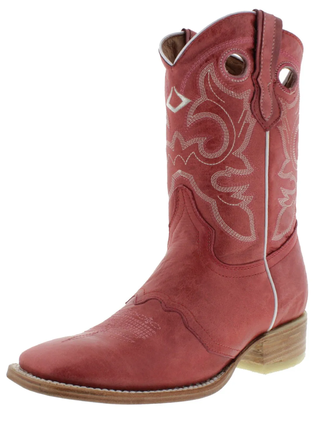 Women's Red Mid Calf Leather Pull On Cowboy Boots Square Toe - CP2