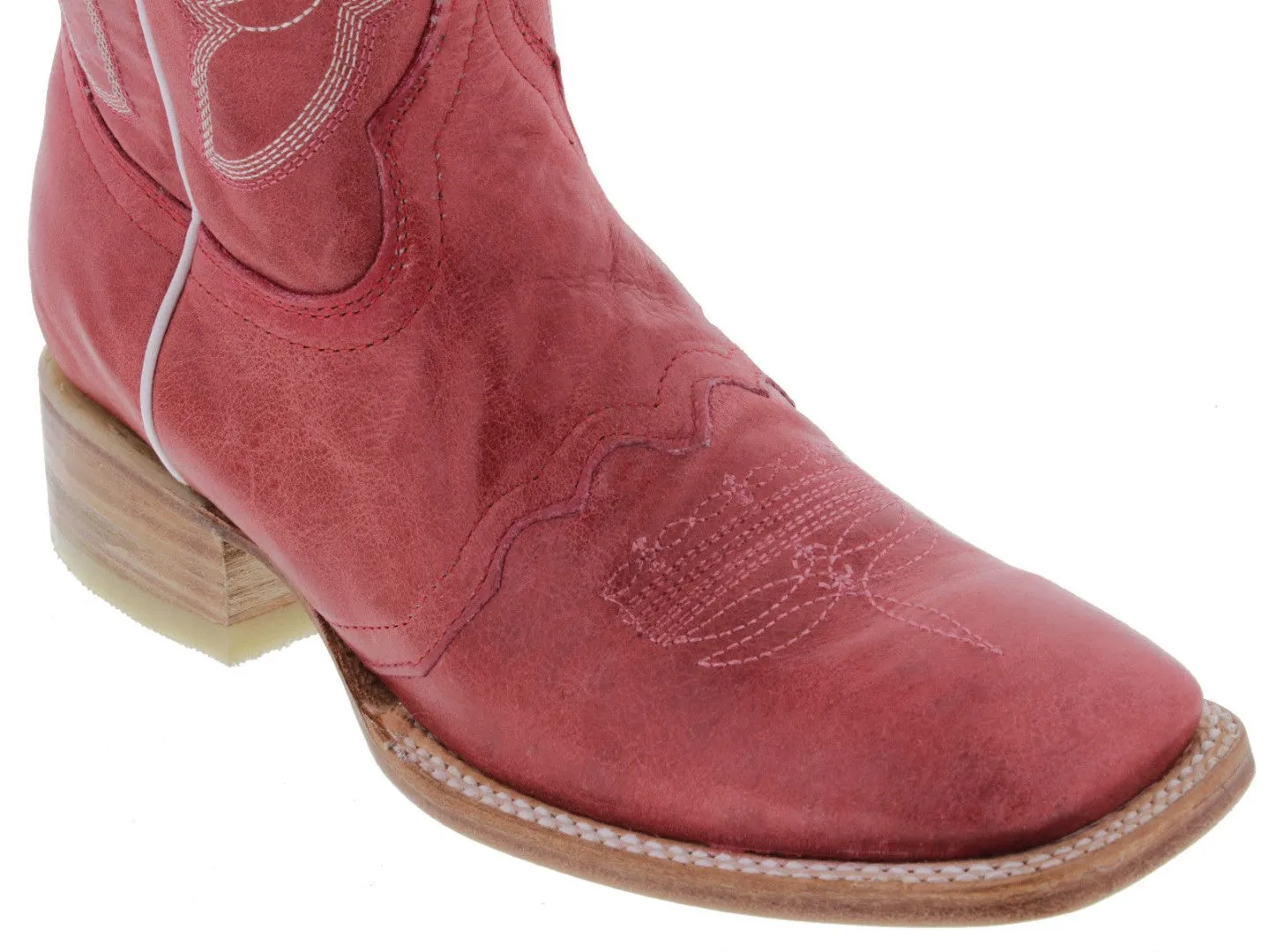 Women's Red Mid Calf Leather Pull On Cowboy Boots Square Toe - CP2