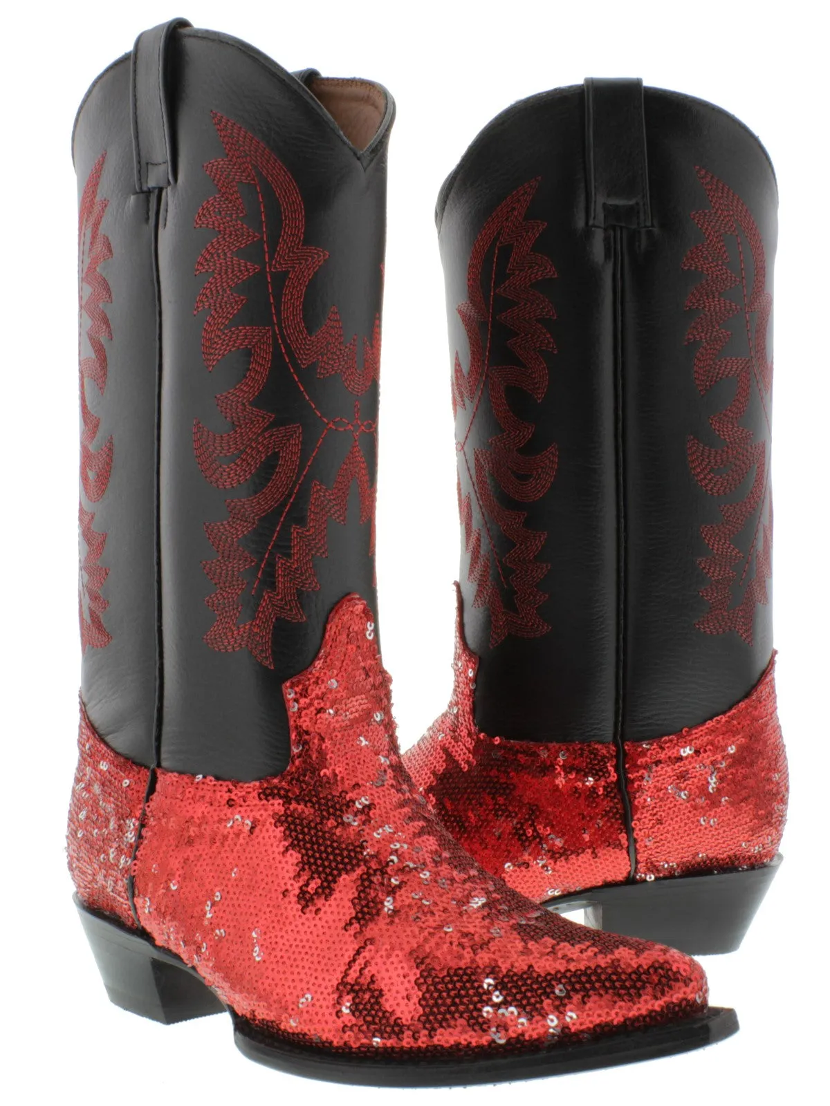 Women's Red Sequins Western Rodeo Cowboy Boots Snip Toe