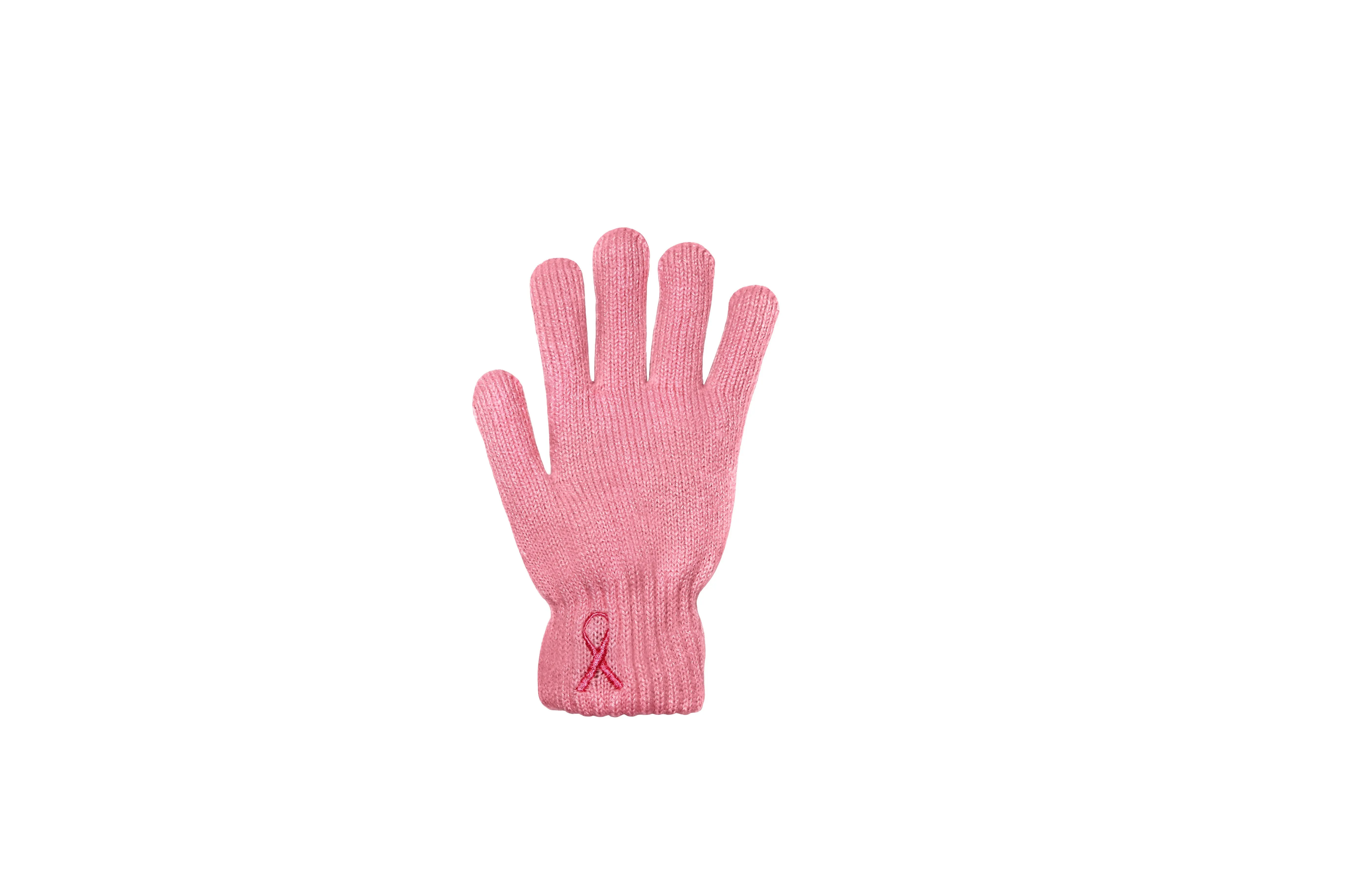 Women’s Winter set, Knitted Beanie with Pompom and Gloves, Pink Ribbon Breast Cancer Awareness