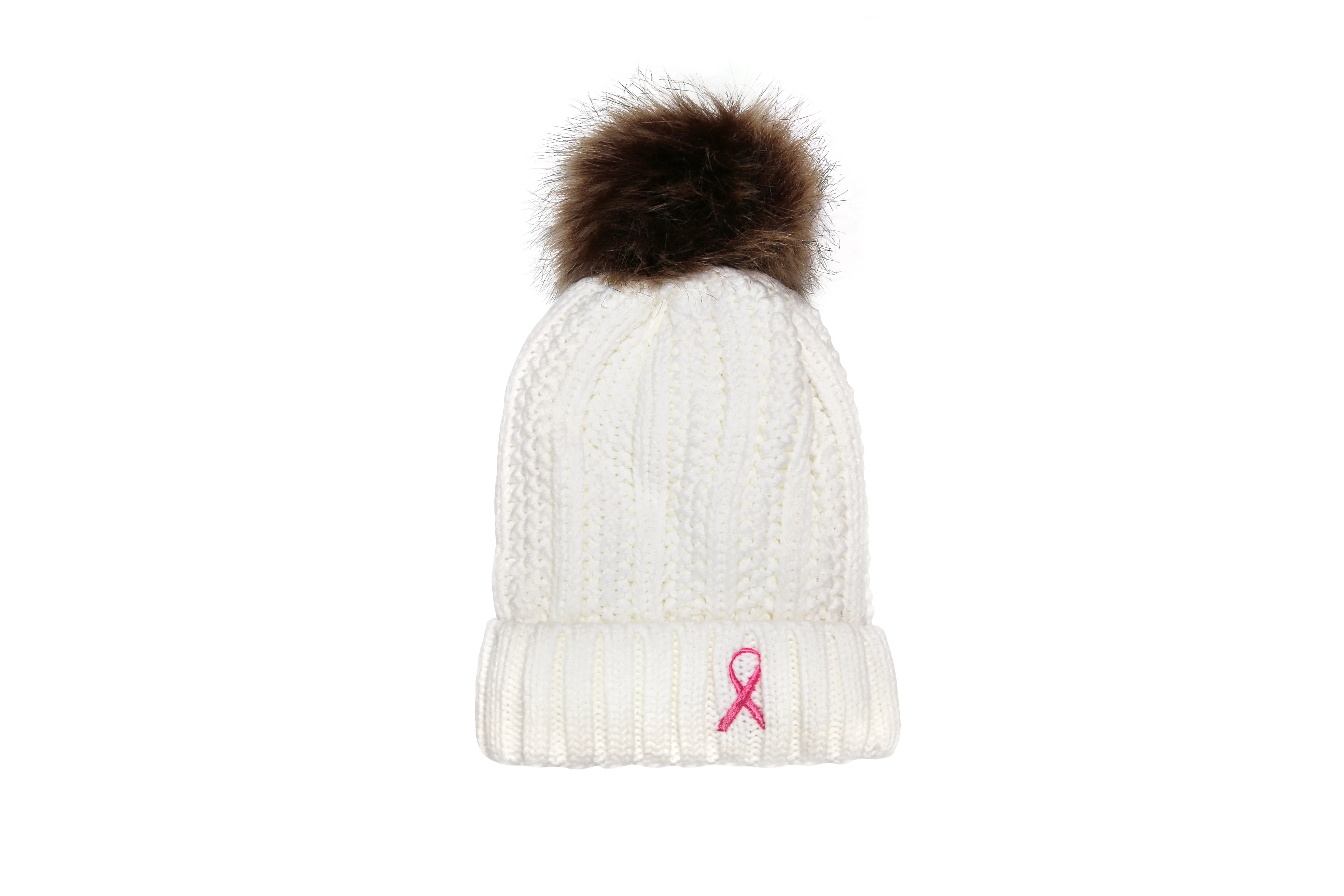 Women’s Winter set, Knitted Beanie with Pompom and Gloves, Pink Ribbon Breast Cancer Awareness